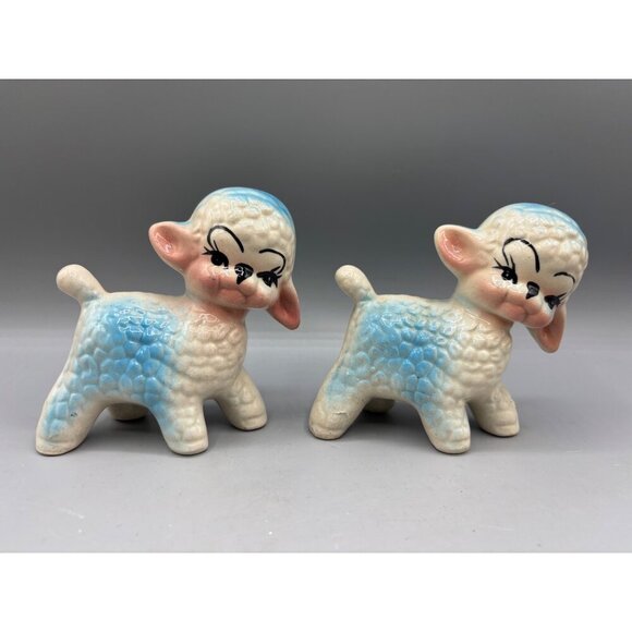 Vtg Set of 2 Ceramic Blue White Lamb Figurines Pair Nursery Decor Baby‎ - Picture 1 of 10